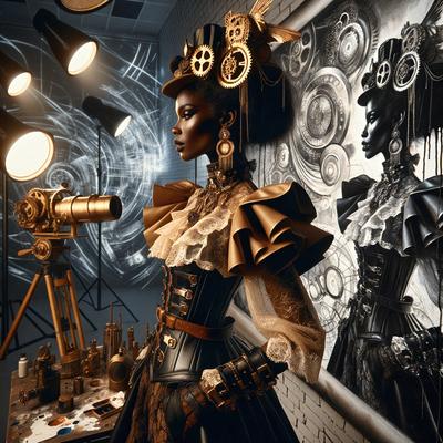 The primary subject of the image is a woman dressed in a costume, standing in front of a brick wall. She is wearing a hat and has a unique hairstyle. The setting appears to be a studio or a room with a painting in the background. The visual style of the image is a combination of photo and digital art, creating a surreal and artistic atmosphere. The colors in the image are predominantly dark, with the woman's costume and the painting in the background adding a touch of contrast and vib